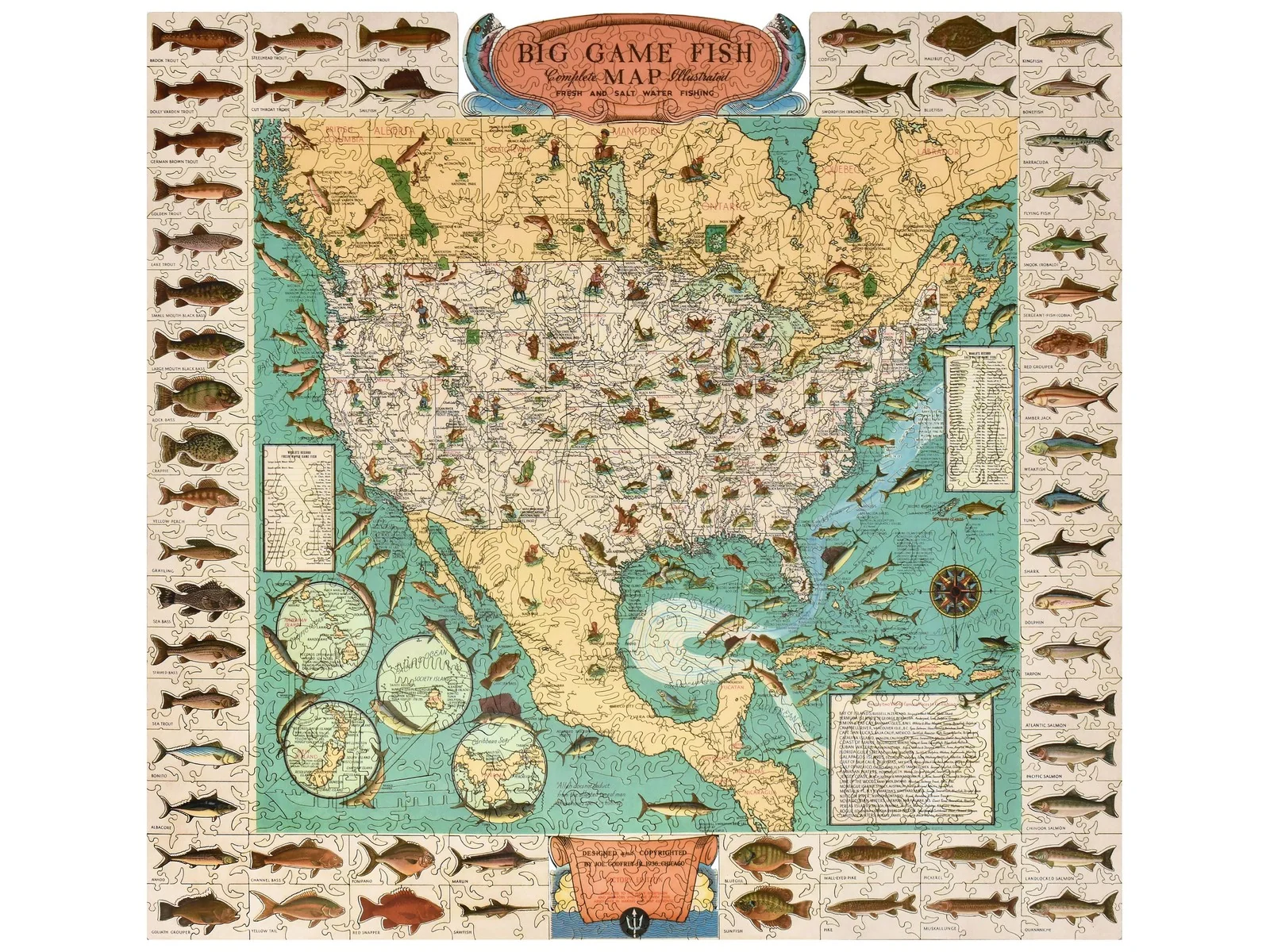 Liberty Puzzles Big Game Fish Map Wooden Puzzle (1026 pc)